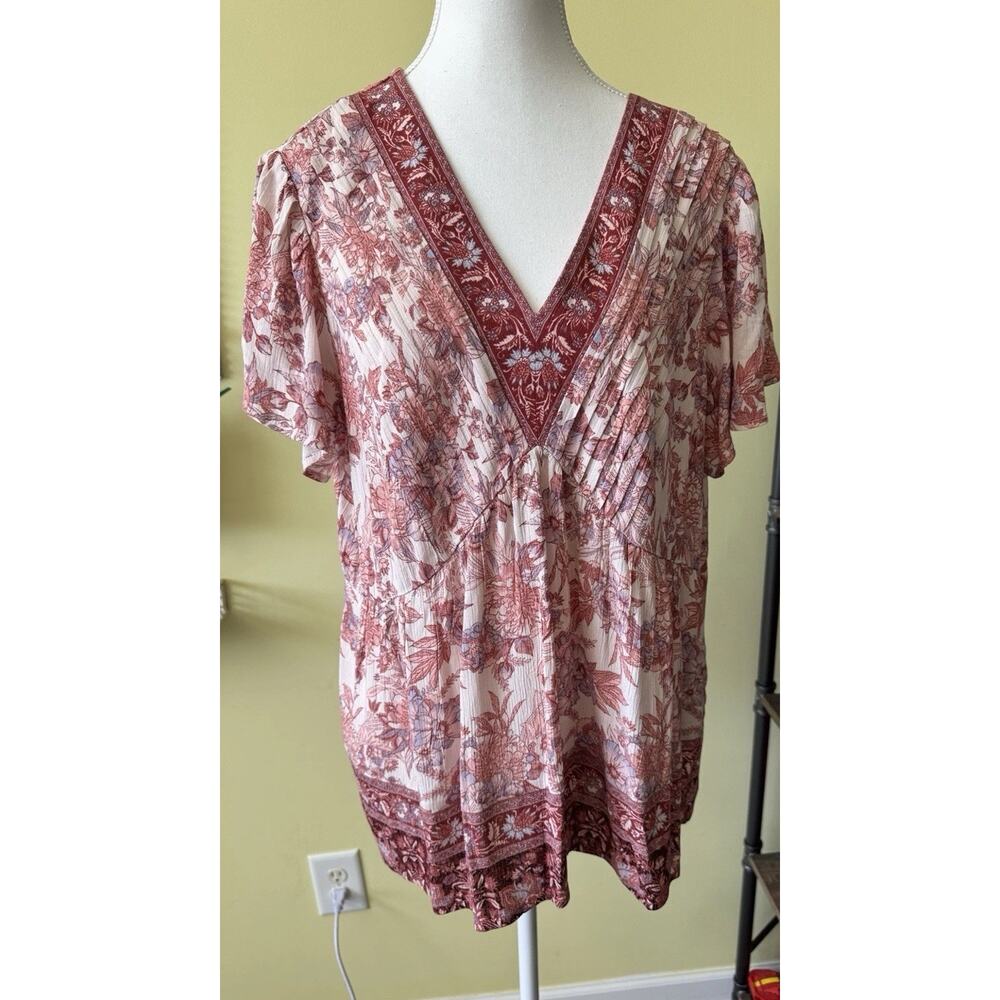 Berkley Jensen Boho Floral Tunic Top XL Rayon V-Neck Border Print Flutter Sleeve